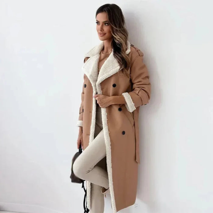 Dame Teddy Trenchcoat med Dobbeltknapping og Lang Fasong