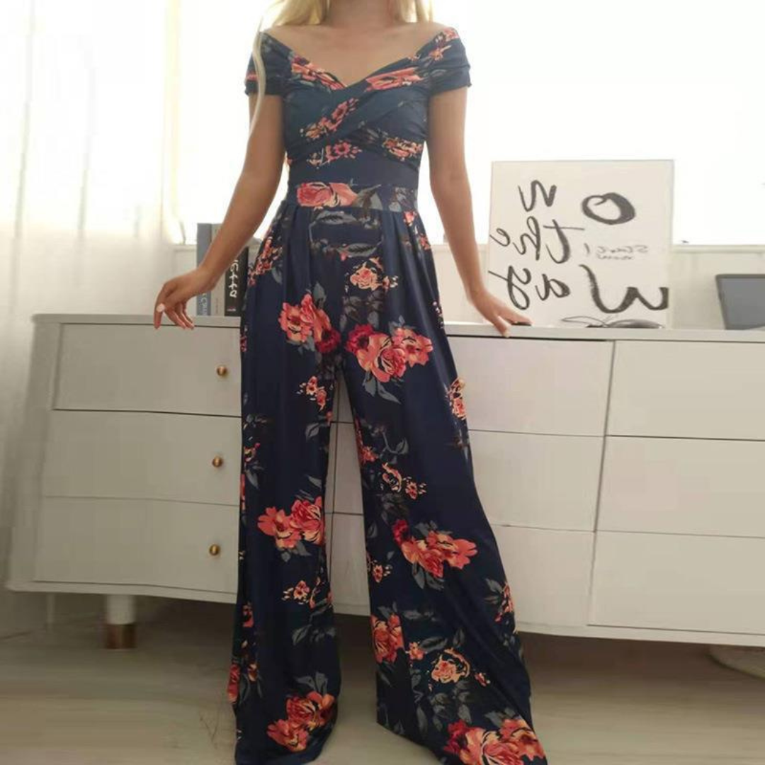 Dame Jumpsuit med Vide Ben | Off-Shoulder Blomsterinnpakning