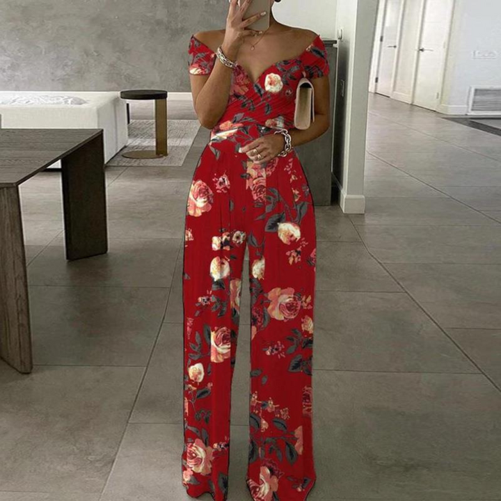Dame Jumpsuit med Vide Ben | Off-Shoulder Blomsterinnpakning
