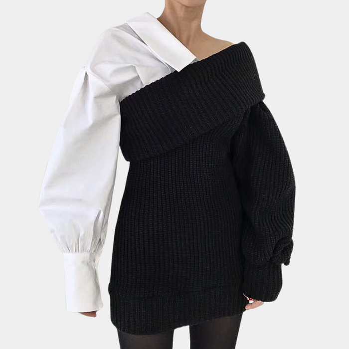 Dame Off-Shoulder Kjole med Kontrasterende Erme og Ribbestrikk
