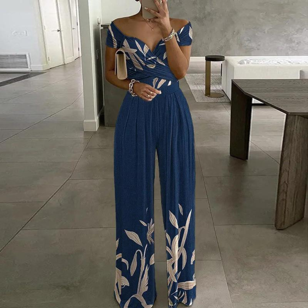 Dame Jumpsuit med Vide Ben | Off-Shoulder Blomsterinnpakning