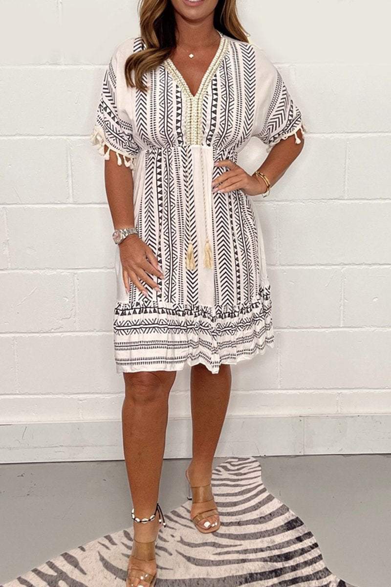 Kvinnes Boho Mini Kjole | Trykt