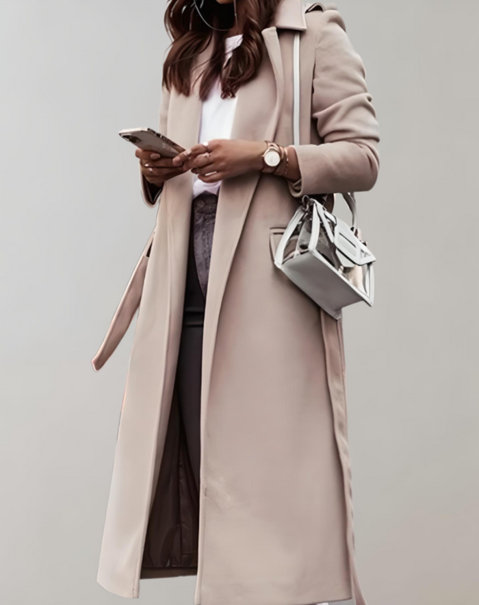 Dame Beltet Trenchcoat med Notched Krage og Lang Lengde