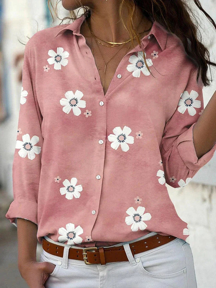Damebluse | Blomsterprint med knappestolpe