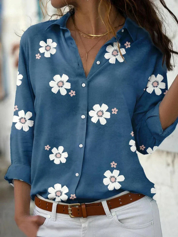 Damebluse | Blomsterprint med knappestolpe