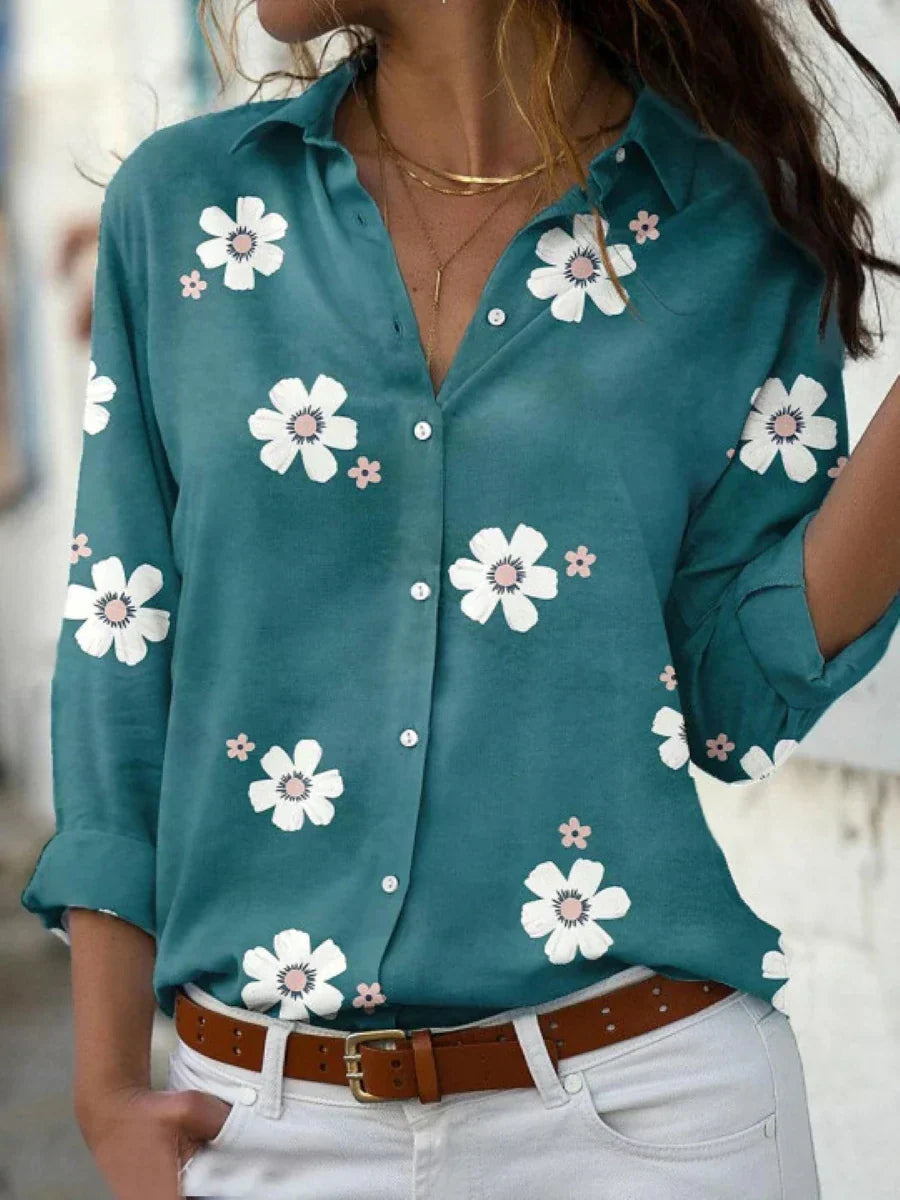 Damebluse | Blomsterprint med knappestolpe