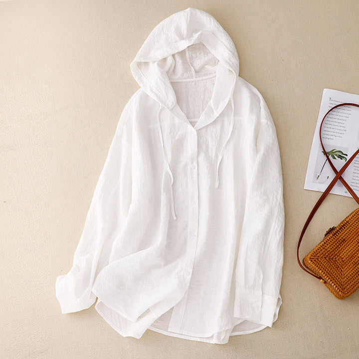Damebluse | Hette med lange ermer og knapper