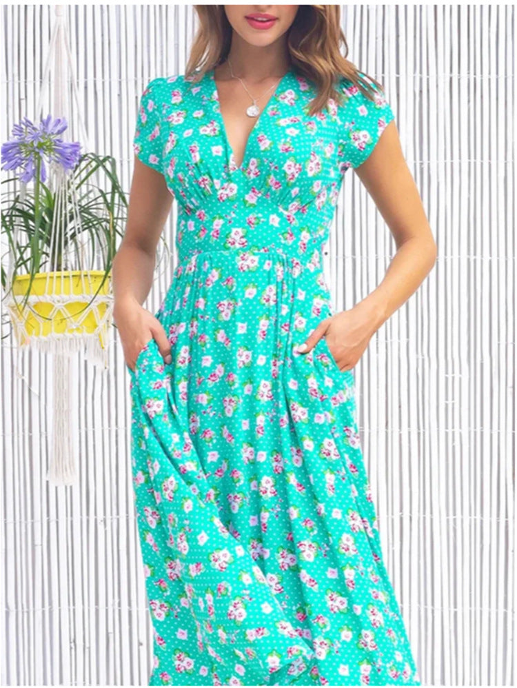 Kjole for kvinner | Blomster V-hals Midi Kortermet
