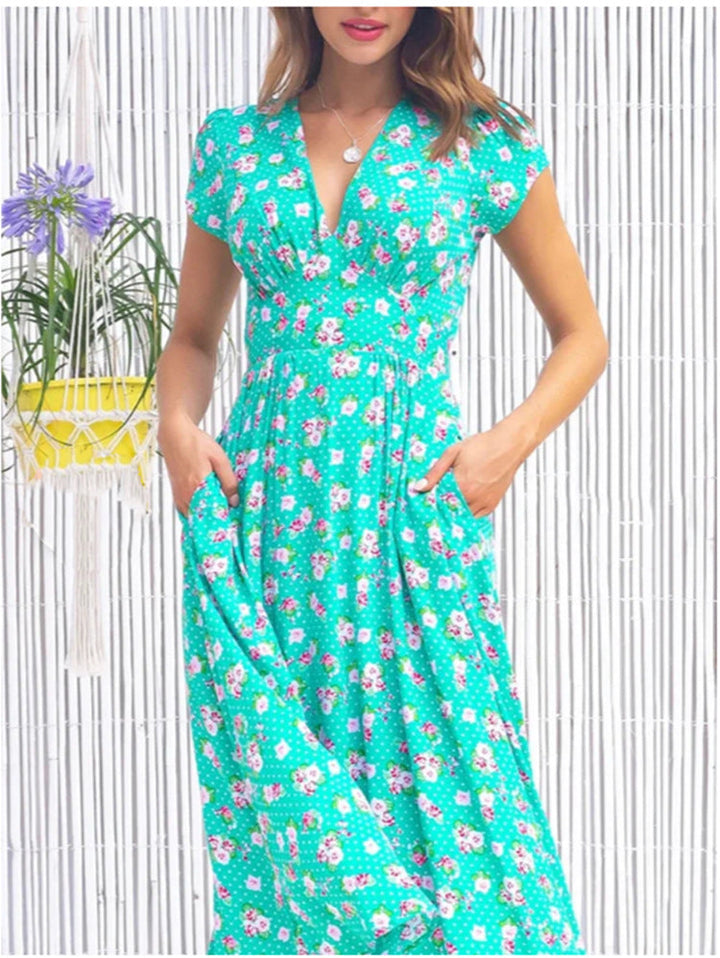 Kjole for kvinner | Blomster V-hals Midi Kortermet