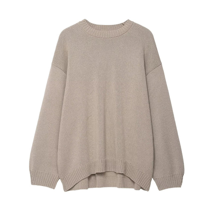 Dame Oversize Strikket Genser med Rund Hals og Lengre Bakdel