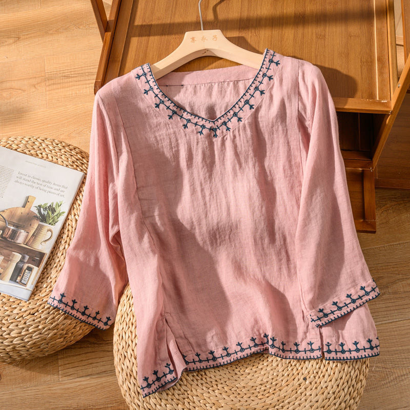 Damebluse | Brodert V-hals
