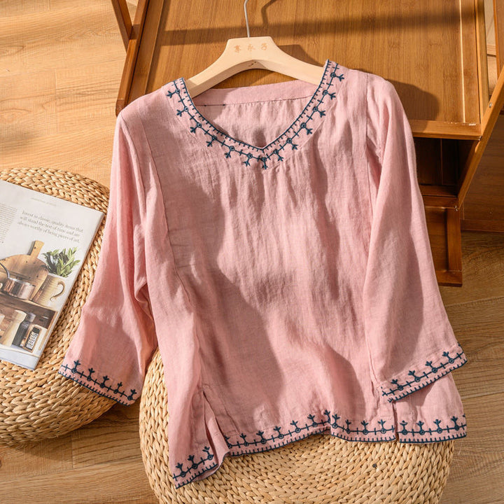 Damebluse | Brodert V-hals