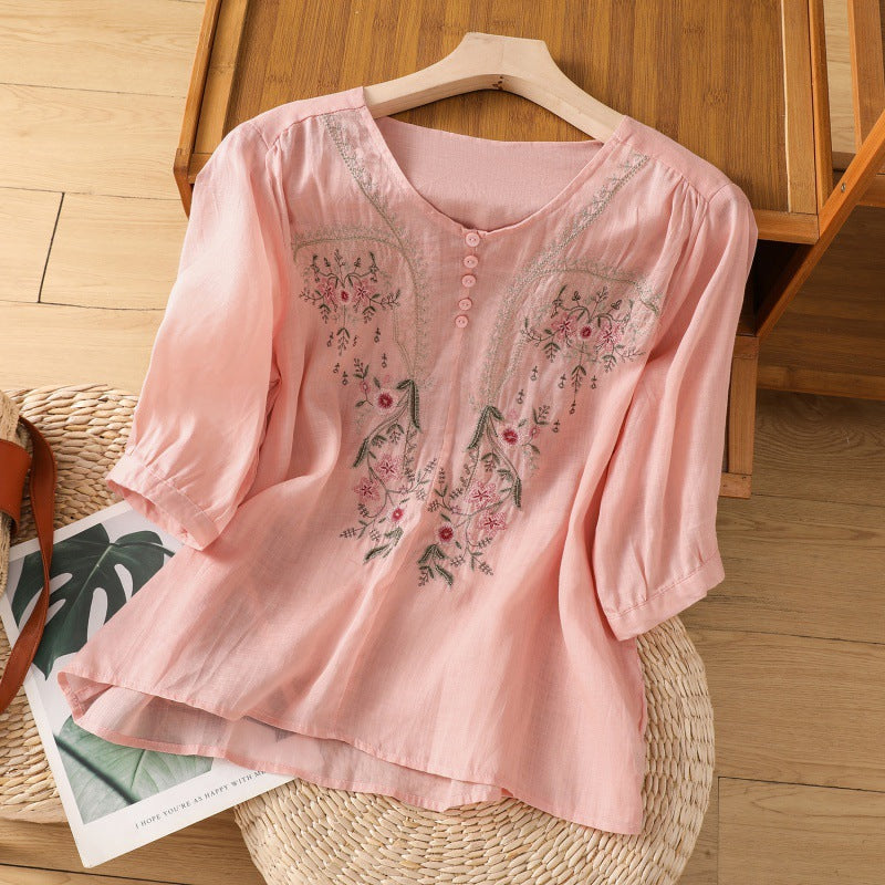 Damebluse | Brodert Rund Hals