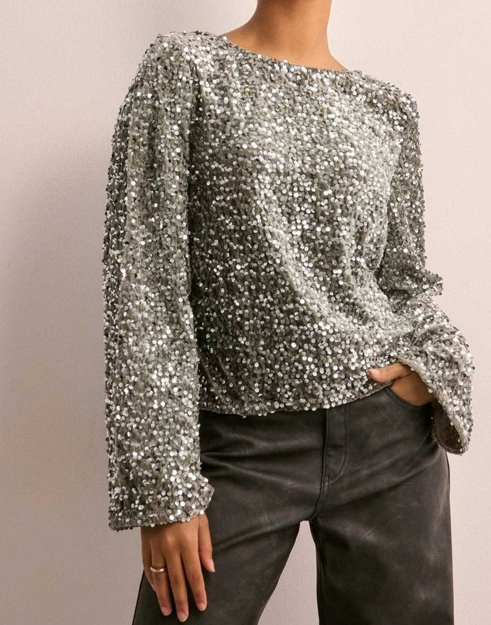 Dame Paljettbluse med Lange Ermer og Rund Hals