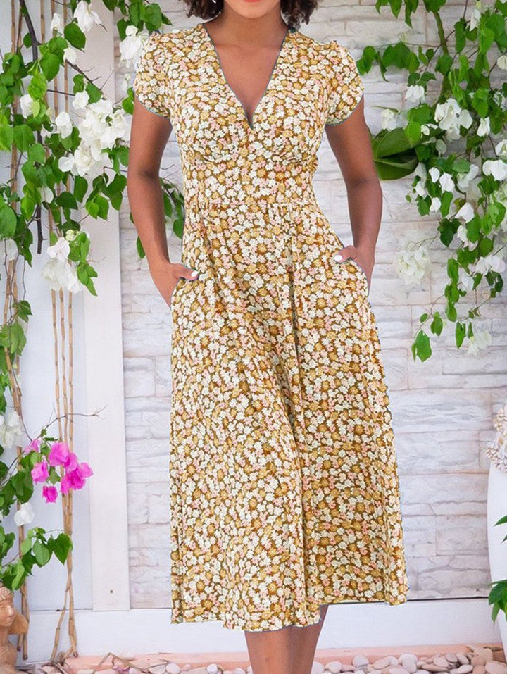 Kjole for kvinner | Blomster V-hals Midi Kortermet