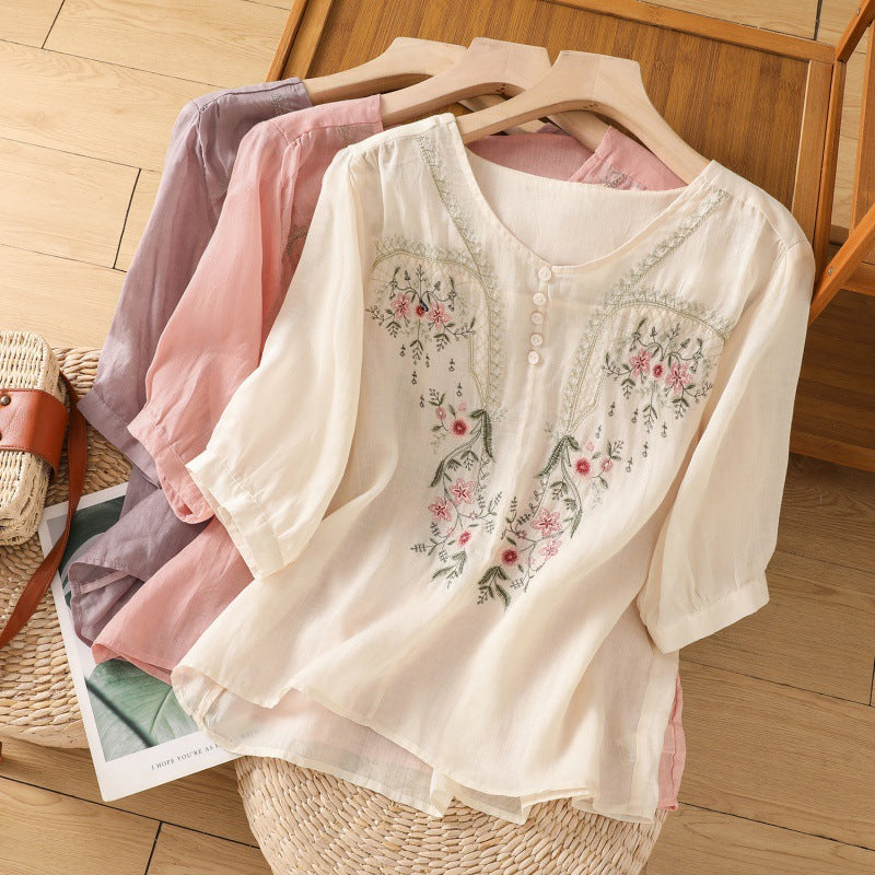 Damebluse | Brodert Rund Hals