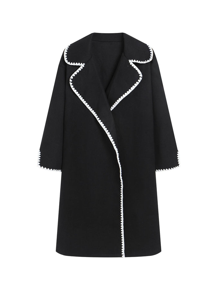 Dame Oversized Frakk med Brede Slag og Brodert Kant