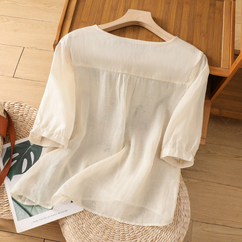 Damebluse | Brodert Rund Hals
