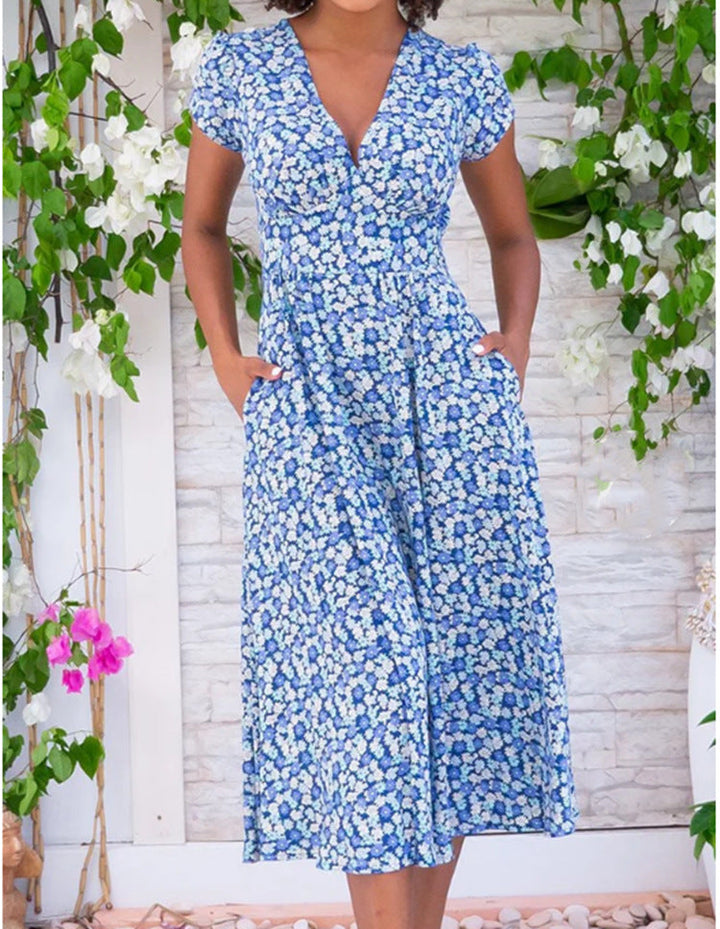 Kjole for kvinner | Blomster V-hals Midi Kortermet