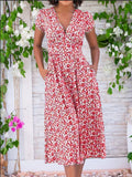 Kjole for kvinner | Blomster V-hals Midi Kortermet