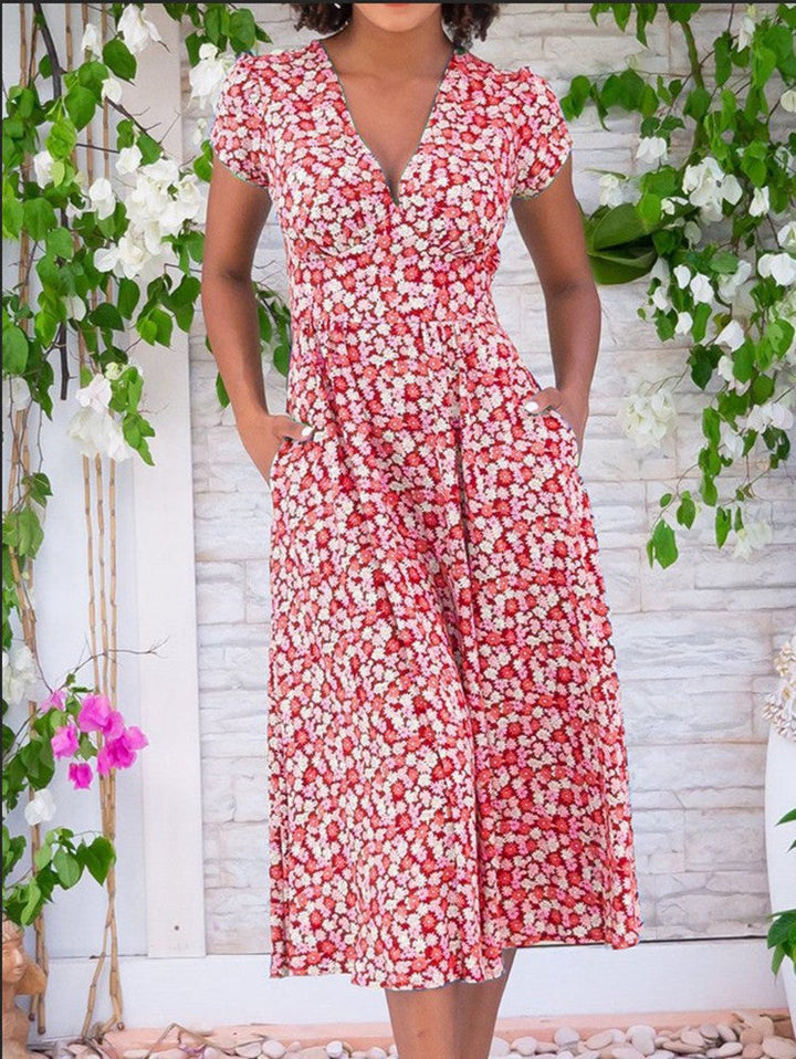 Kjole for kvinner | Blomster V-hals Midi Kortermet