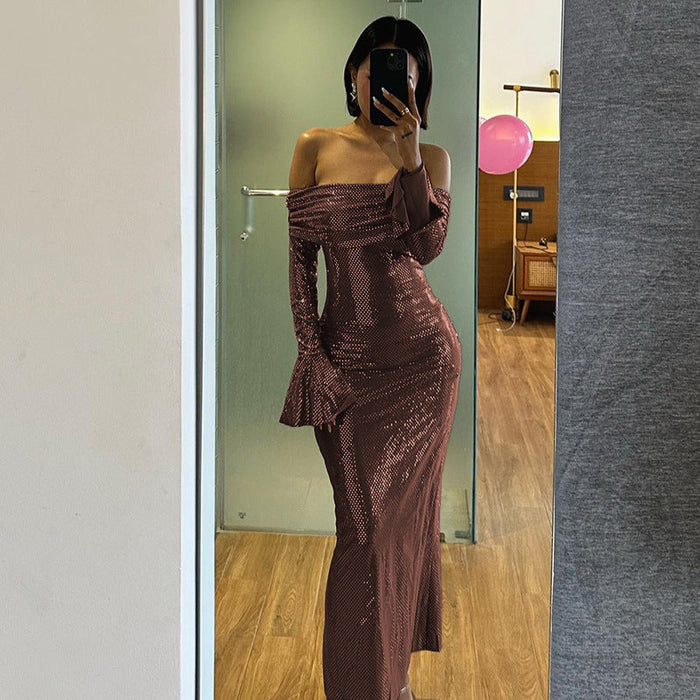 Dame Off-Shoulder Paljett Maxikjole med Lange Ermer
