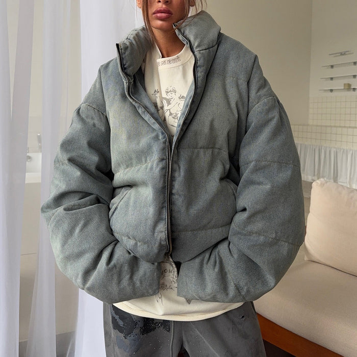 Dame Oversized Pufferjakke med Høy Krage og Glidelås