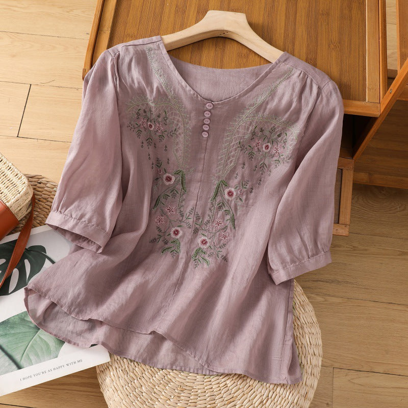 Damebluse | Brodert Rund Hals