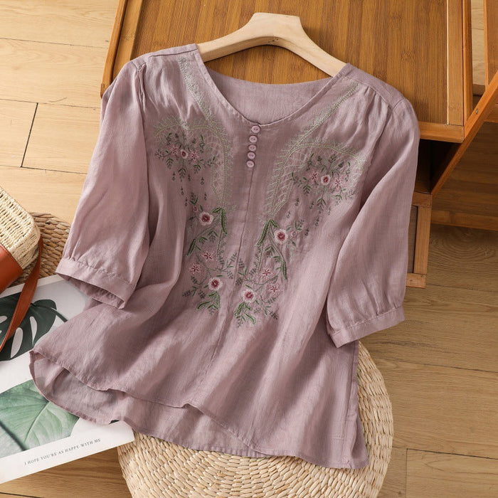 Damebluse | Brodert Rund Hals