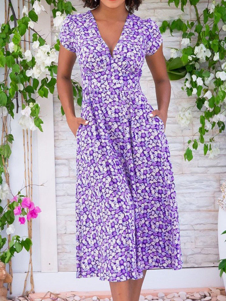 Kjole for kvinner | Blomster V-hals Midi Kortermet