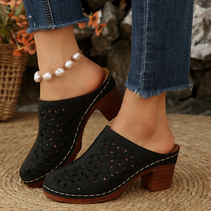 Dame Clogs med Blomsterutskjæring og Blokkehæl