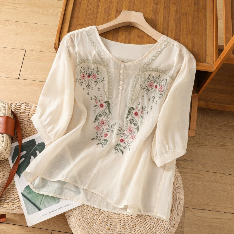 Damebluse | Brodert Rund Hals