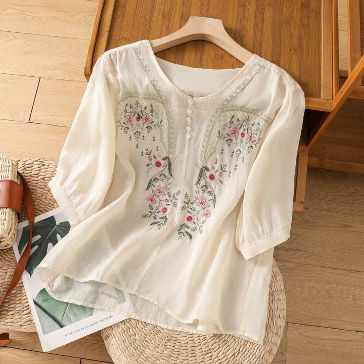 Damebluse | Brodert Rund Hals