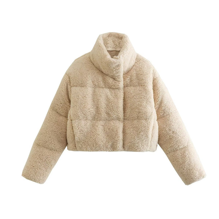 Dame Teddy Cropped Jakke med Høy Krage og Lommer
