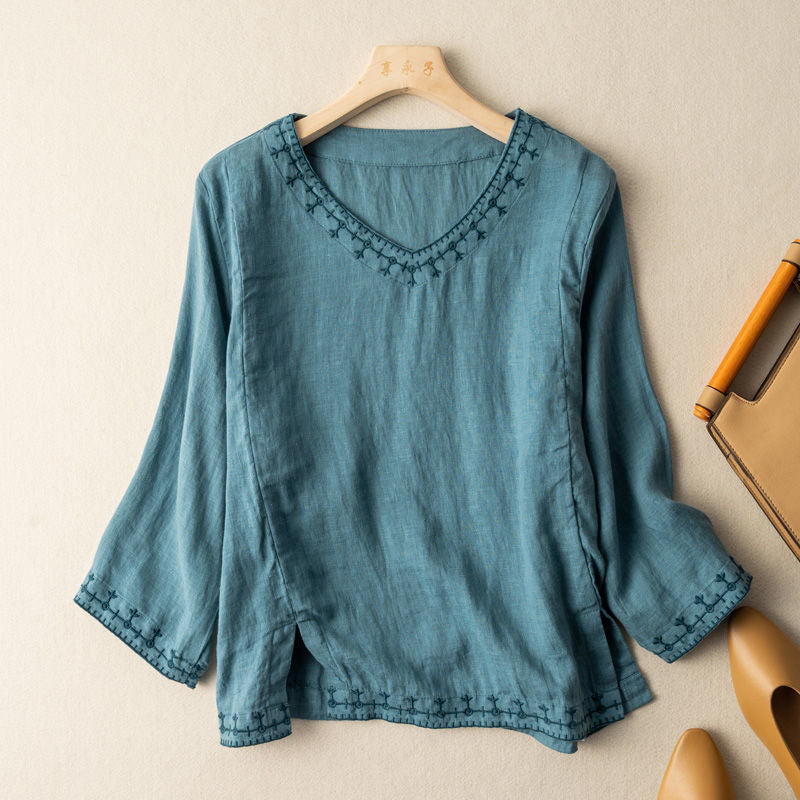 Damebluse | Brodert V-hals