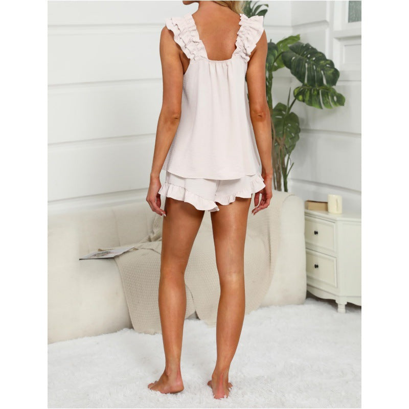 Dame Lounge Sett | Volangkant Uten Ermer Topp Shorts