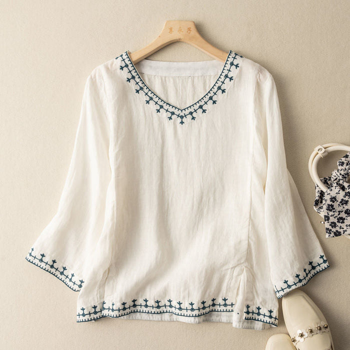 Damebluse | Brodert V-hals
