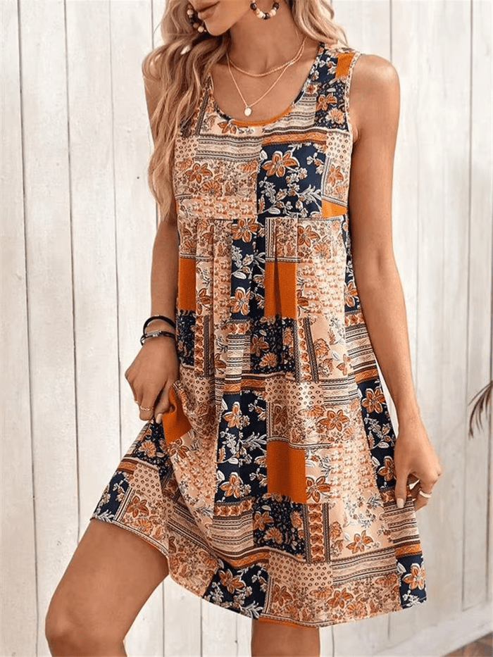 Kvinne Boho Mini Kjole | Uten ermer Trykt