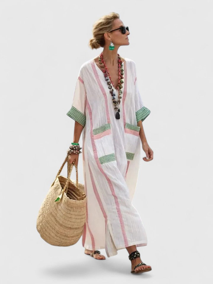Dame Maxi Sommerkjole | V-Hals Stripete Kaftan