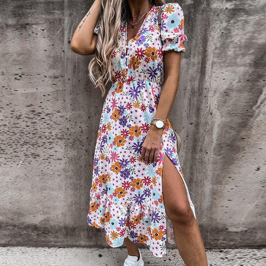 Kvinnes Boho Midi Kjole | V-Hals Smocket Blomster