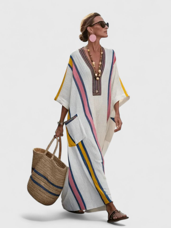 Dame Maxi Sommerkjole | V-Hals Stripete Kaftan