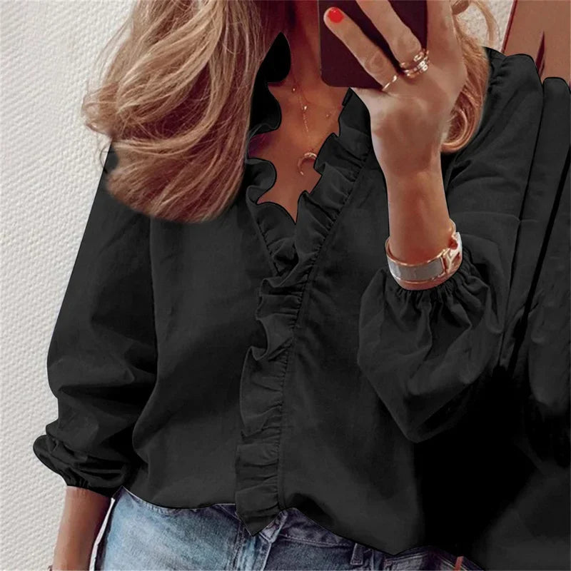 Damebluse | Langermet med Volangdetaljer