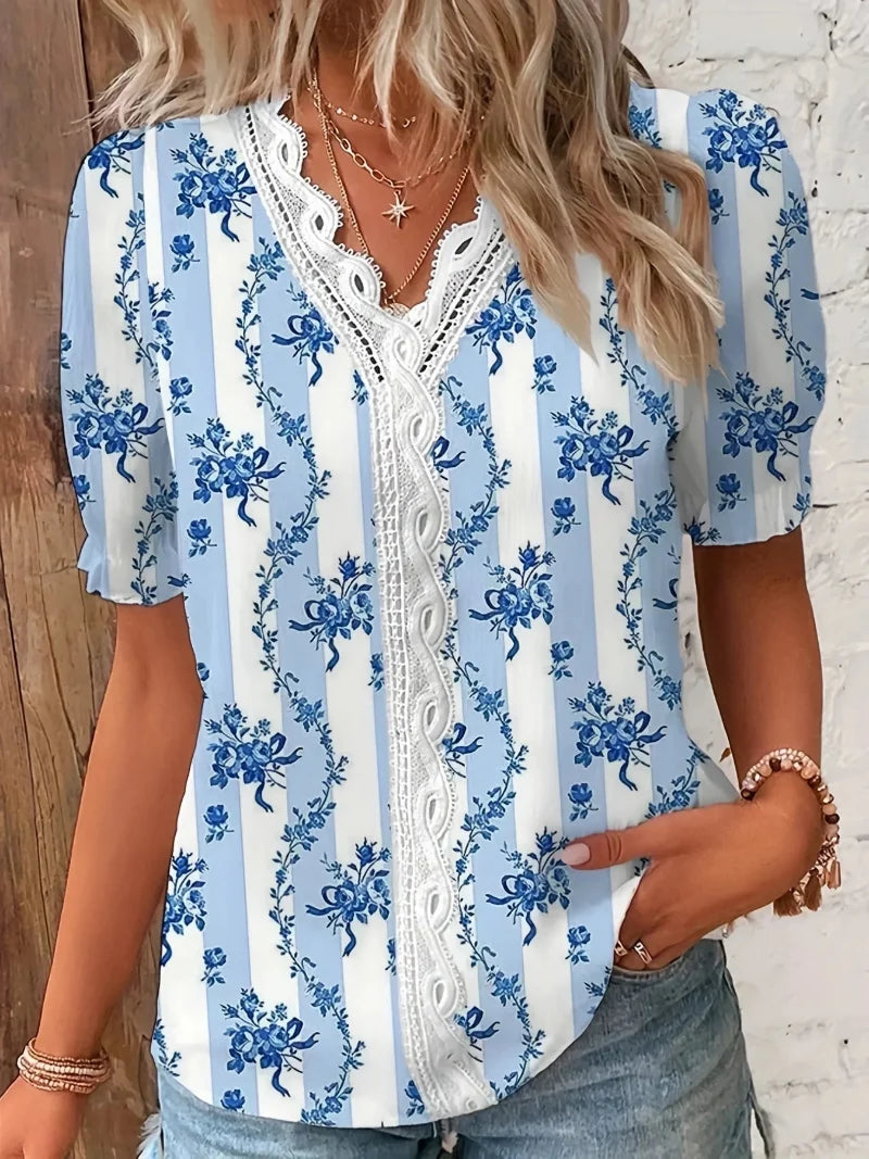 Damebluse | Blonde V-Hals Trykt