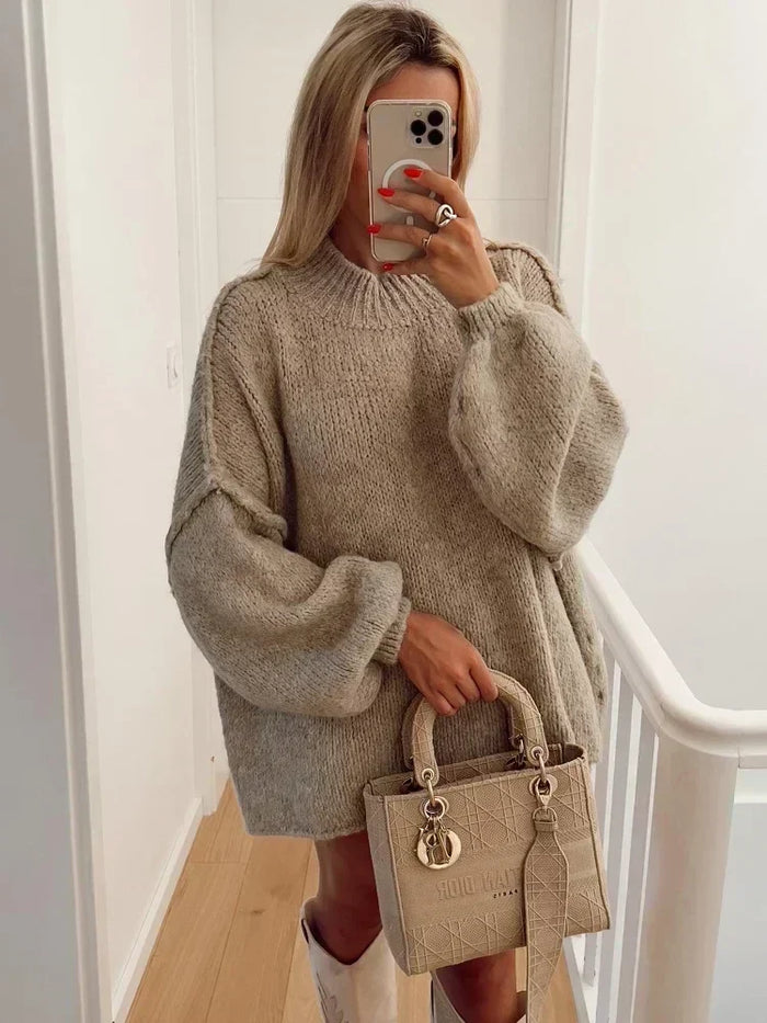 Dame Oversized Strikkegenser med Høy Hals