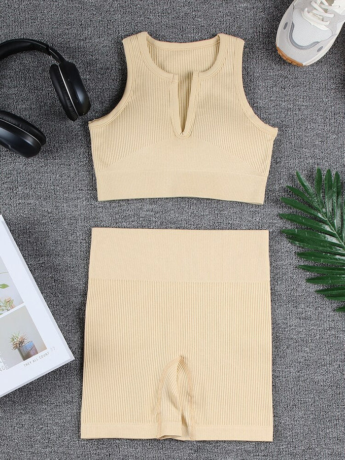 Dame Ribbet Yoga Sett med Kort Tights og Sports-BH