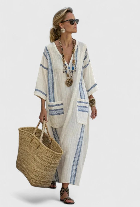 Dame Maxi Sommerkjole | V-Hals Stripete Kaftan