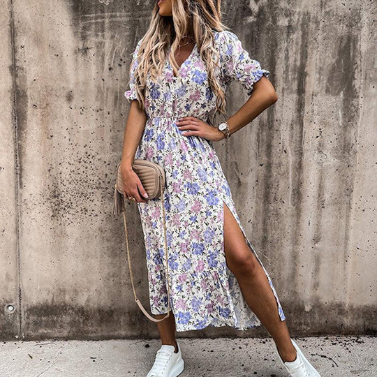 Kvinnes Boho Midi Kjole | V-Hals Smocket Blomster