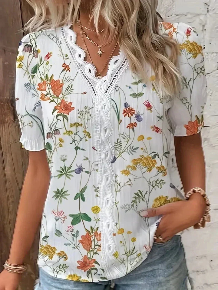 Damebluse | Blonde V-Hals Trykt