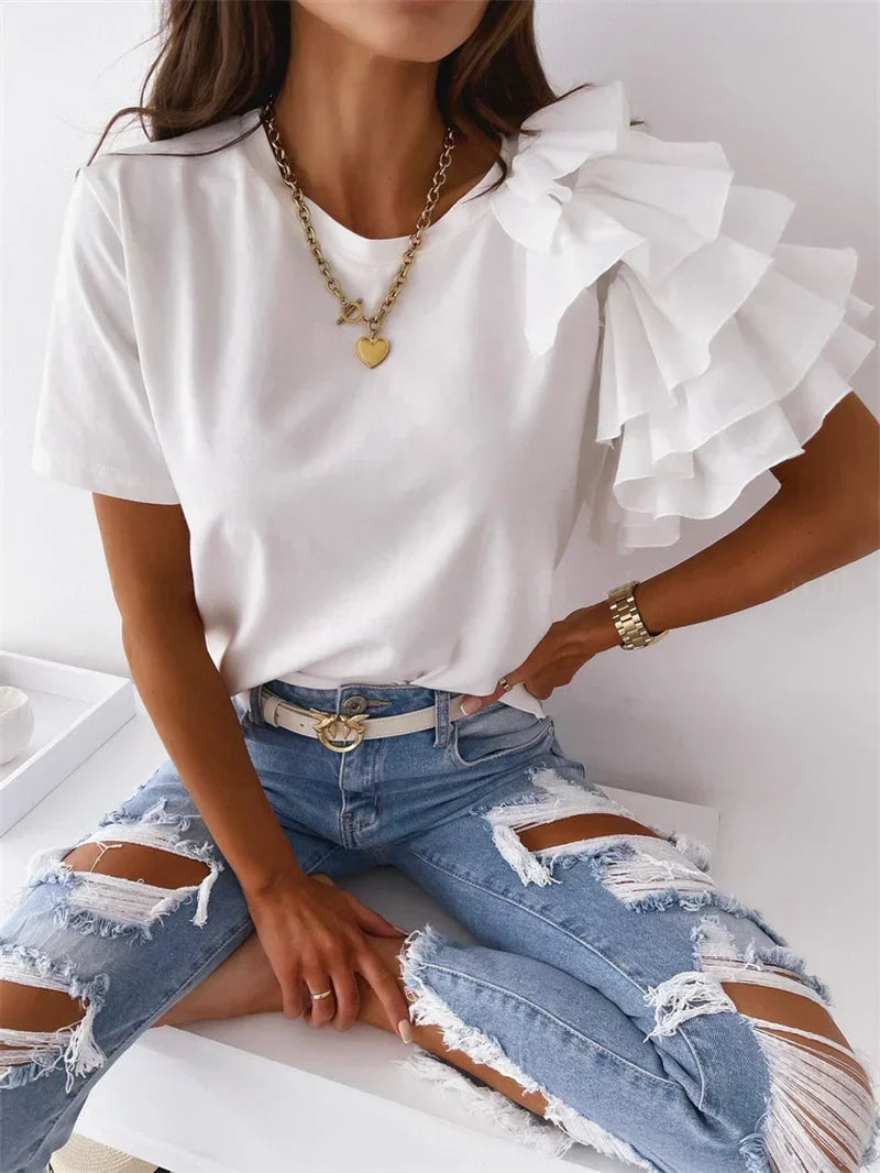 Damebluse | Volang Korte Ermer