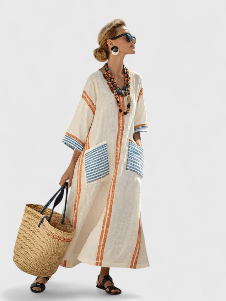 Dame Maxi Sommerkjole | V-Hals Stripete Kaftan